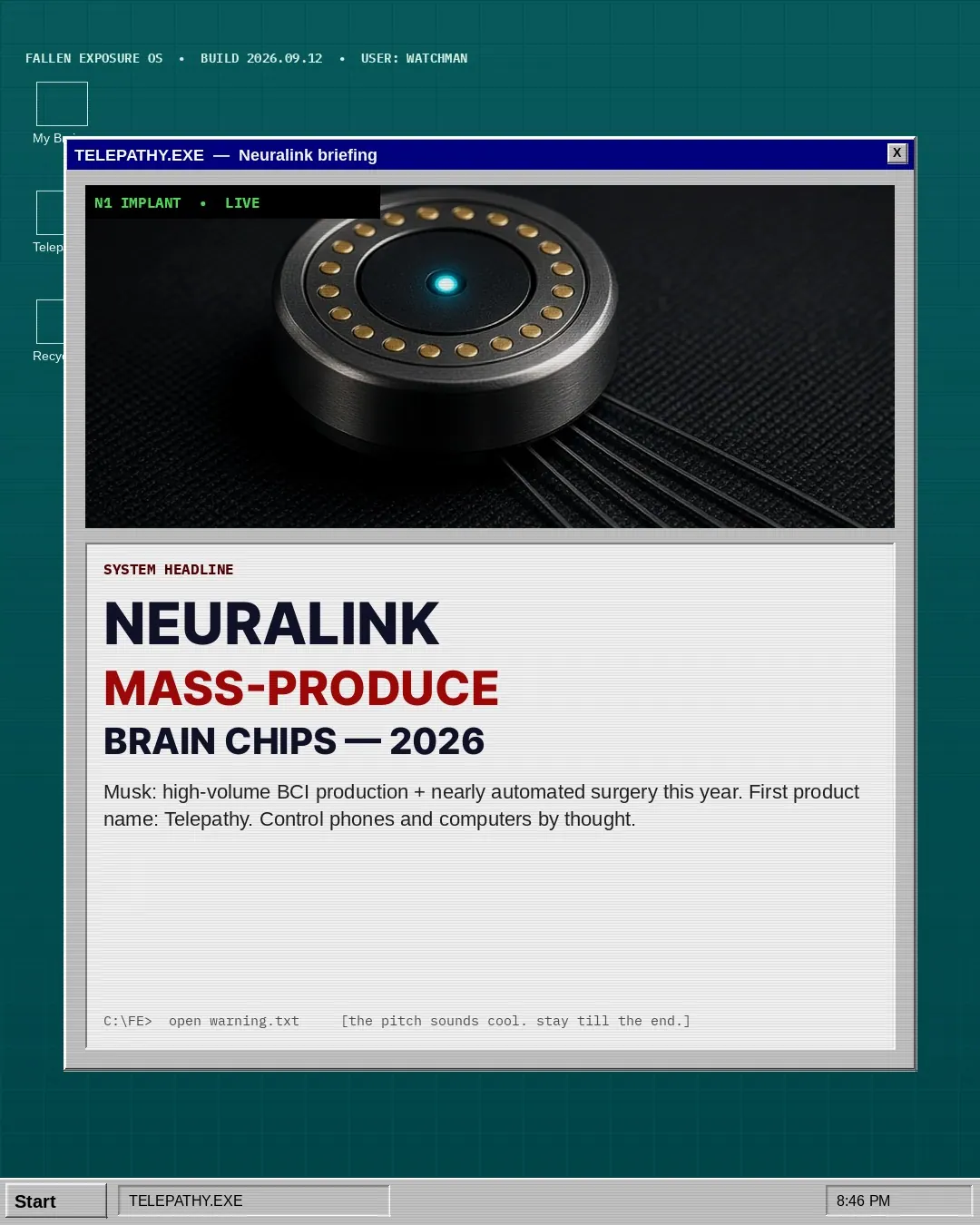 NEURALINK. 2026. TELEPATHY.EXE: slide 1 of 10